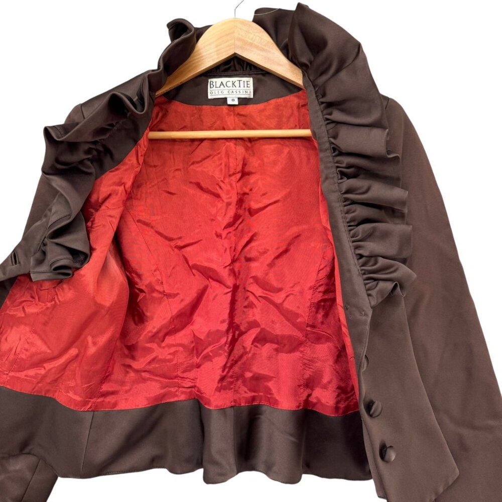 Vtg BlackTie Oleg Cassini Blazer Jacket Womens Ruffle Collar Button Front Size 8 - Picture 3 of 12